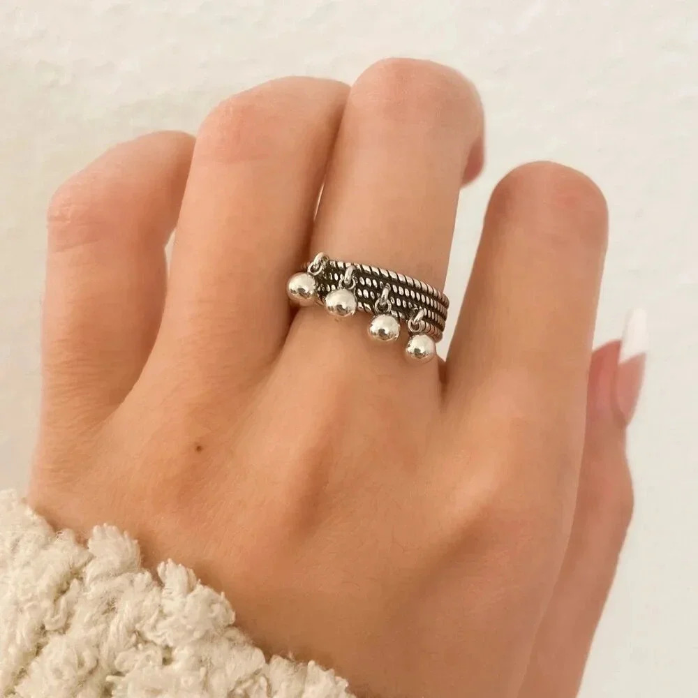 925 Sterling Silver Dangle Ball Ring Minimalist Ring Modern Textured Ring